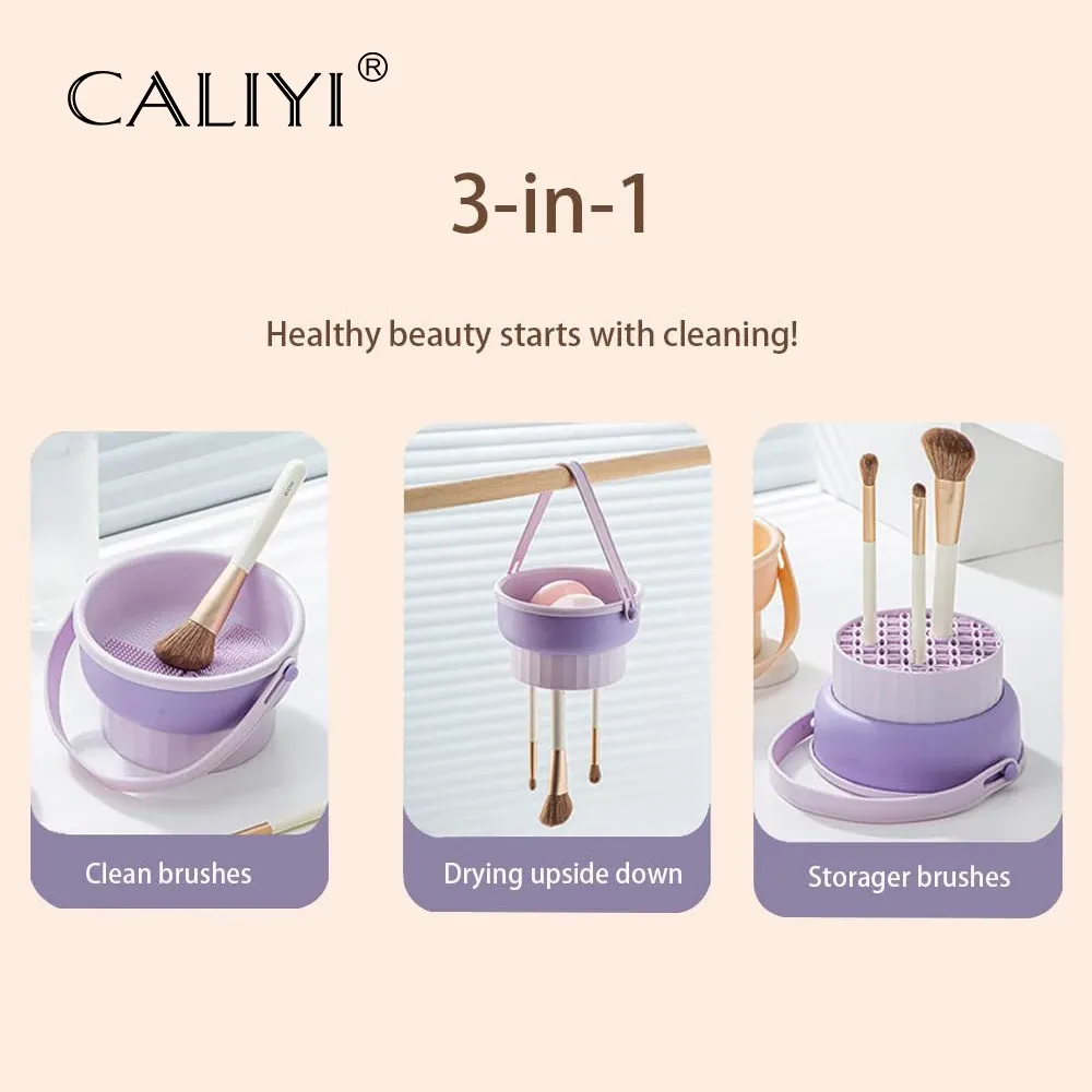 Nettoyant pour pinceaux de maquillage CALIYI 3 en 1 avec bol en silicone et liquide nettoyant 80 ml, support de rangement pour outils cosmétiques 2