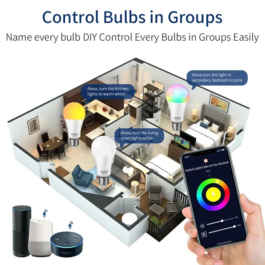 Ampoules LED WiFi intelligentes Tuya, 220 V, 110 V, 10 W, 15 W, 20 W, RGB, compatibles Alexa, Smart Life et commande vocale, 250 à 500 Google 5