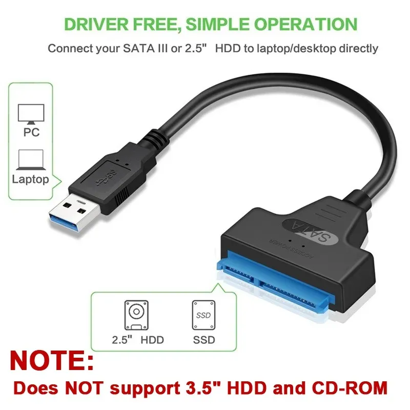 Câble adaptateur SATA vers USB 3.0/2.0 jusqu'à 6 Gbps pour disque dur SSD externe 2,5 pouces 3
