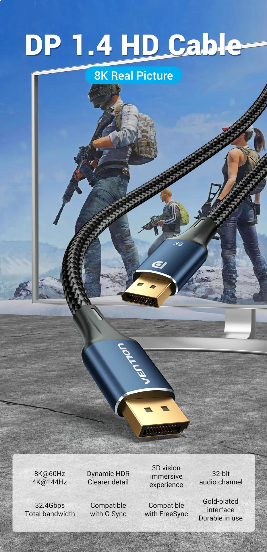 Câble DisplayPort 1.4 haut de gamme vue d'ensemble
