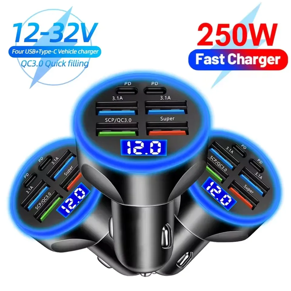 Chargeur de voiture 6 ports à charge rapide PD et QC 3.0 avec USB-C, compatible iPhone, Samsung, Huawei et Xiaomi