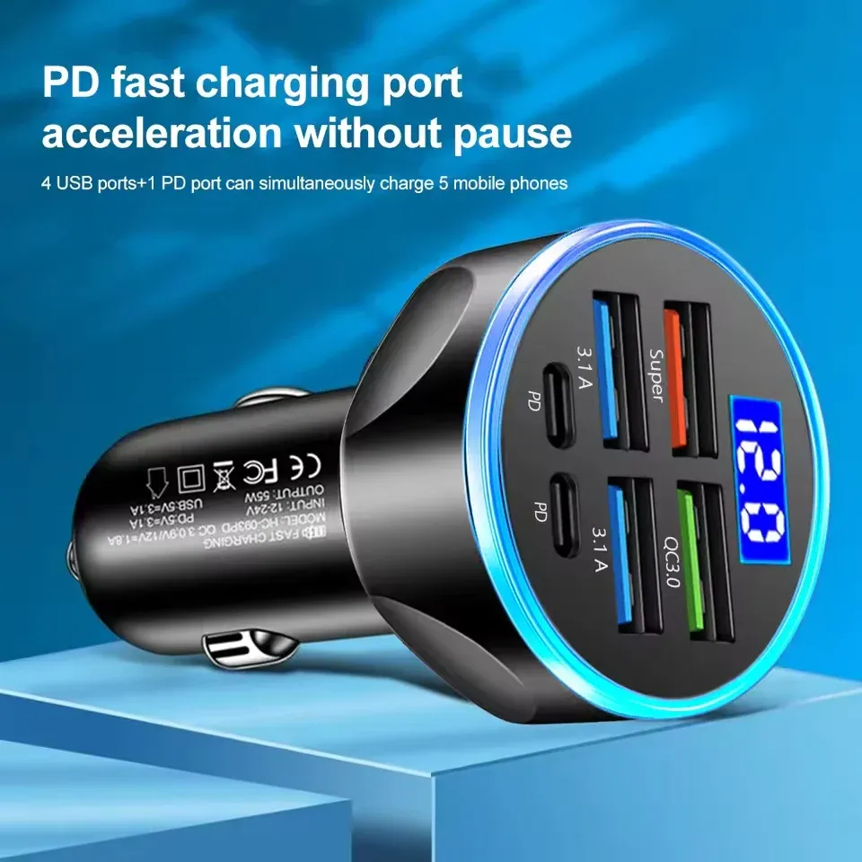 Chargeur de voiture 6 ports à charge rapide PD et QC 3.0 avec USB-C, compatible iPhone, Samsung, Huawei et Xiaomi 2
