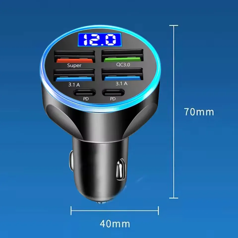 Chargeur de voiture 6 ports à charge rapide PD et QC 3.0 avec USB-C, compatible iPhone, Samsung, Huawei et Xiaomi 6