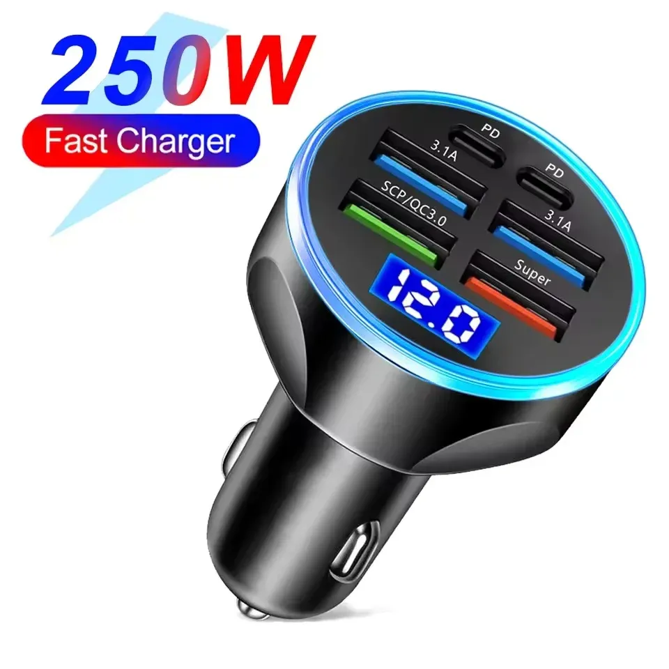 Chargeur de voiture 6 ports à charge rapide PD et QC 3.0 avec USB-C, compatible iPhone, Samsung, Huawei et Xiaomi 7