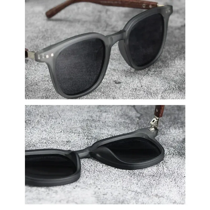 Lunettes de soleil rétro en grain de bois, détail du design