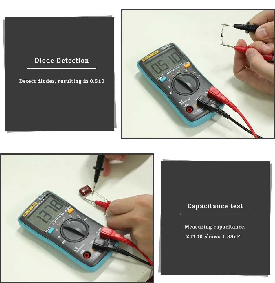 Multimètre numérique avec rétroéclairage, tension CC, tension CA, courant, fréquence Hz, diode, Ohm, ampèremètre, voltmètre, ZT100, 4000 points 4
