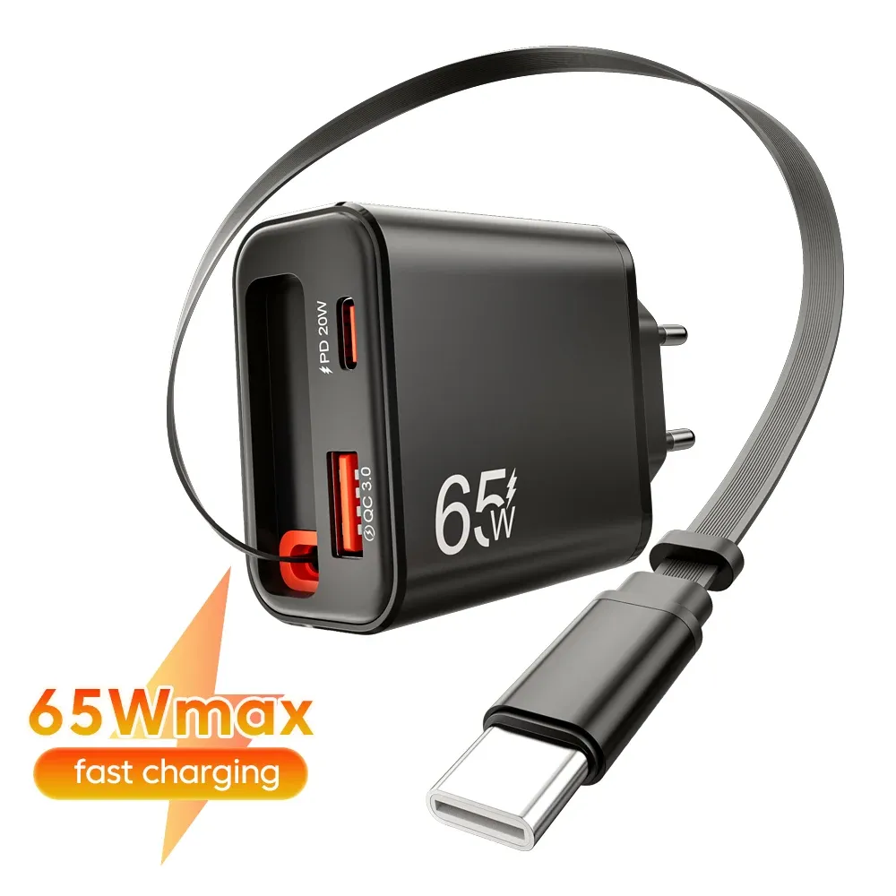 Chargeur USB-C 65 W à charge rapide avec câble rétractable, compatible iPhone, Samsung, POCO et Xiaomi