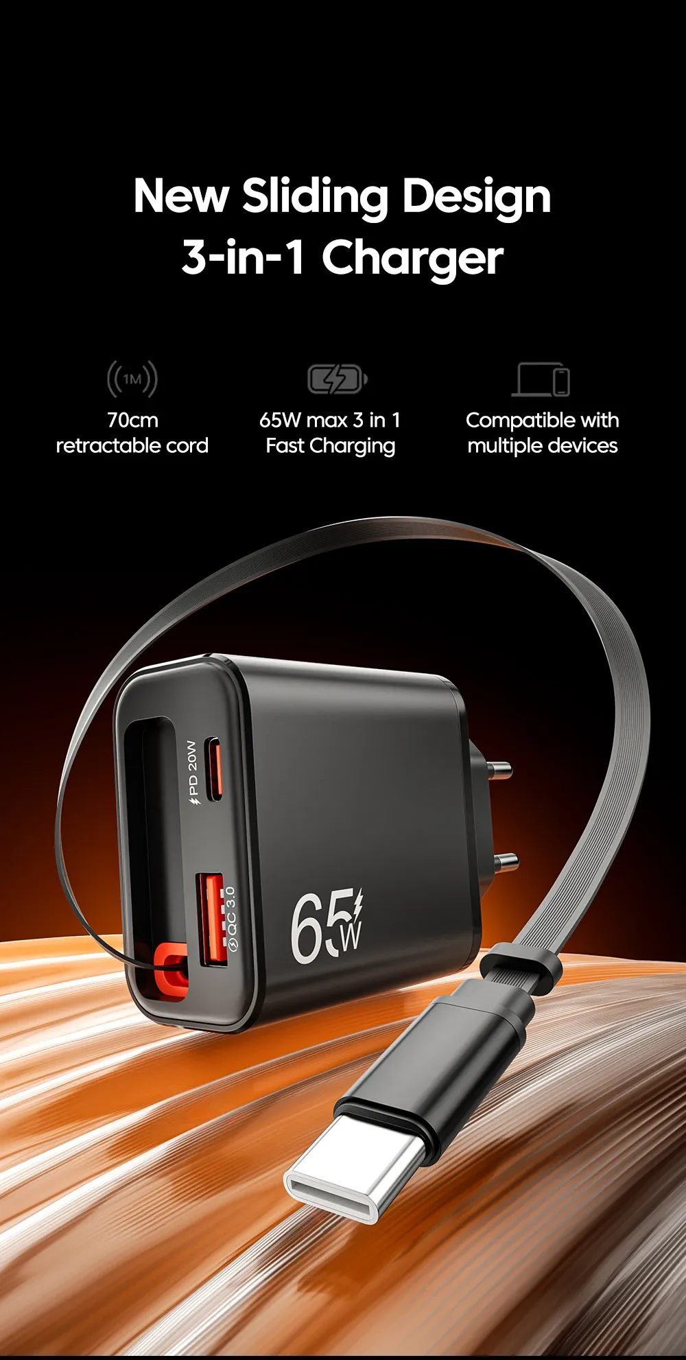 Chargeur USB-C 65W avec câble rétractable