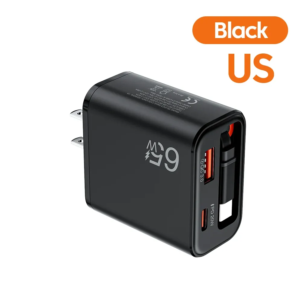 Chargeur USB-C 65 W à charge rapide avec câble rétractable, compatible iPhone, Samsung, POCO et Xiaomi 8