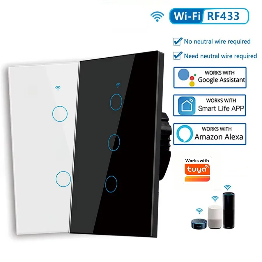 Interrupteur mural intelligent WiFi (standard US) à commande tactile, 1 à 4 voies, compatible RF433, application Tuya Smart Home, Alexa et Google Home 1