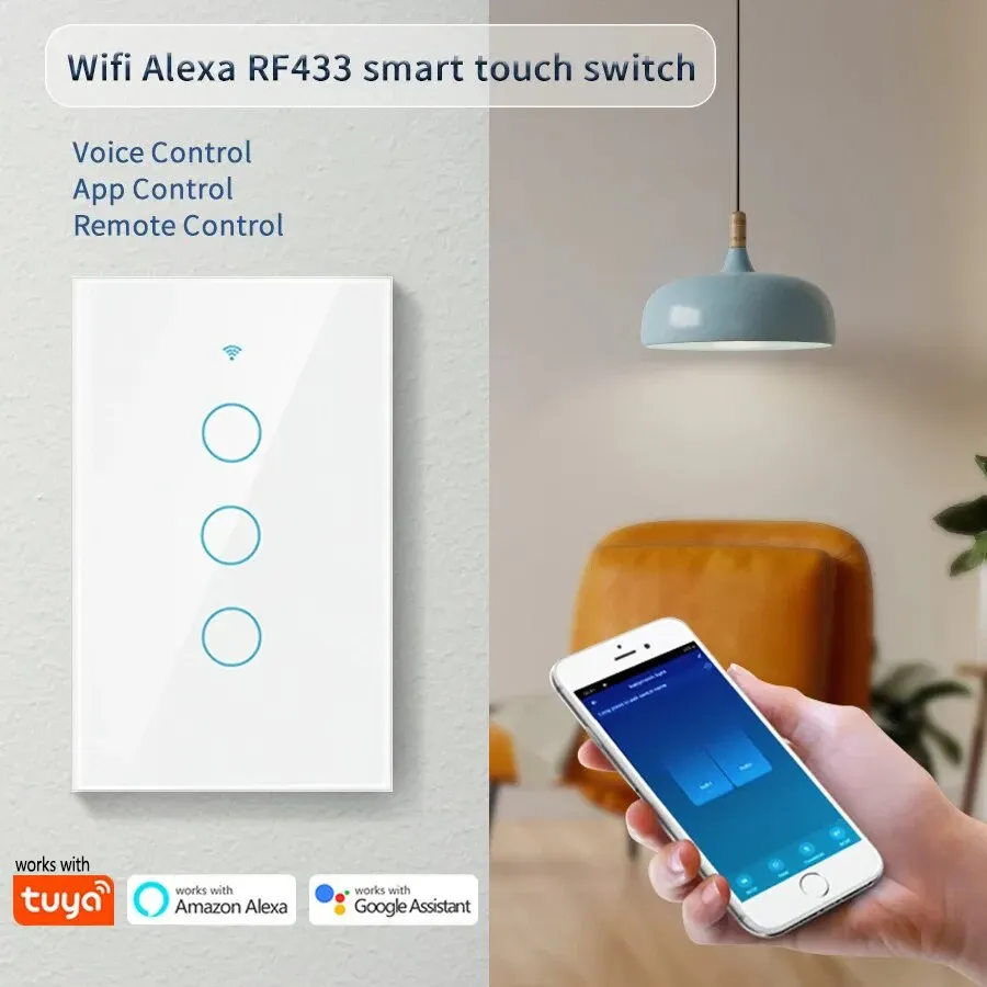 Interrupteur mural intelligent WiFi (standard US) à commande tactile, 1 à 4 voies, compatible RF433, application Tuya Smart Home, Alexa et Google Home 3