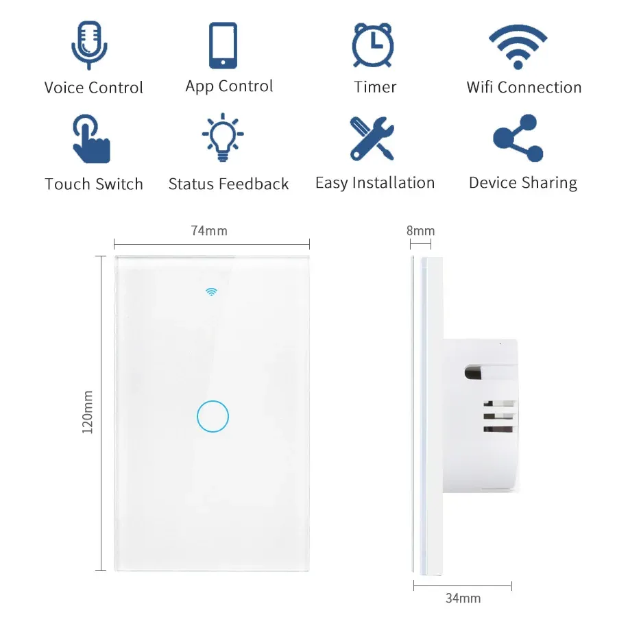 Interrupteur mural intelligent WiFi (standard US) à commande tactile, 1 à 4 voies, compatible RF433, application Tuya Smart Home, Alexa et Google Home 5