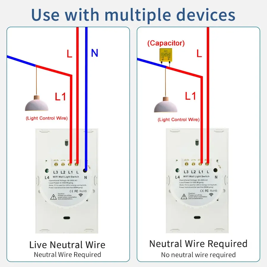 Interrupteur mural intelligent WiFi (standard US) à commande tactile, 1 à 4 voies, compatible RF433, application Tuya Smart Home, Alexa et Google Home 6