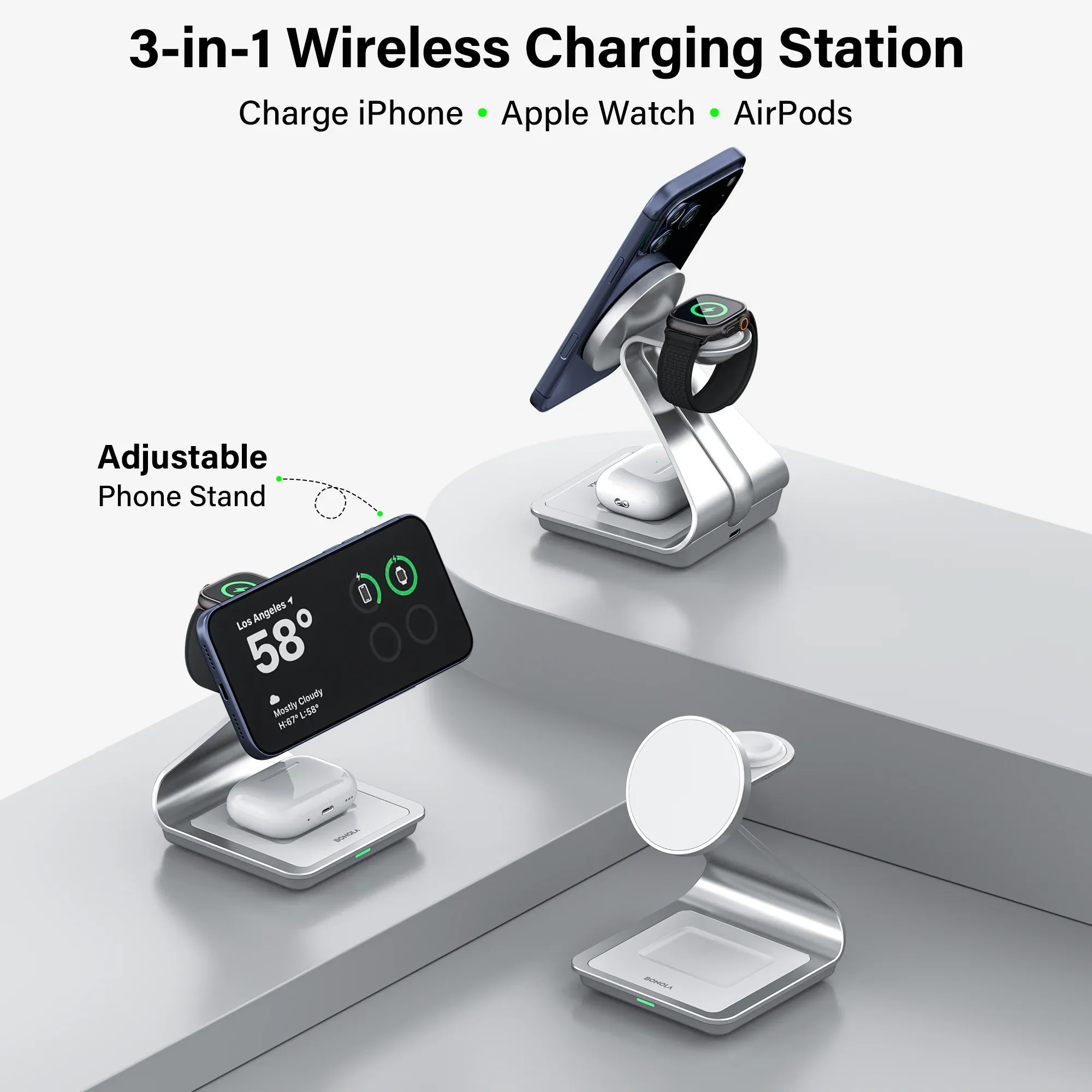 Bonola – Chargeur sans fil magnétique 3 en 1 pour iPhone 17/16/15/14/13/12, 30 W, station de charge sans fil pour Apple Watch et AirPods Pro 2