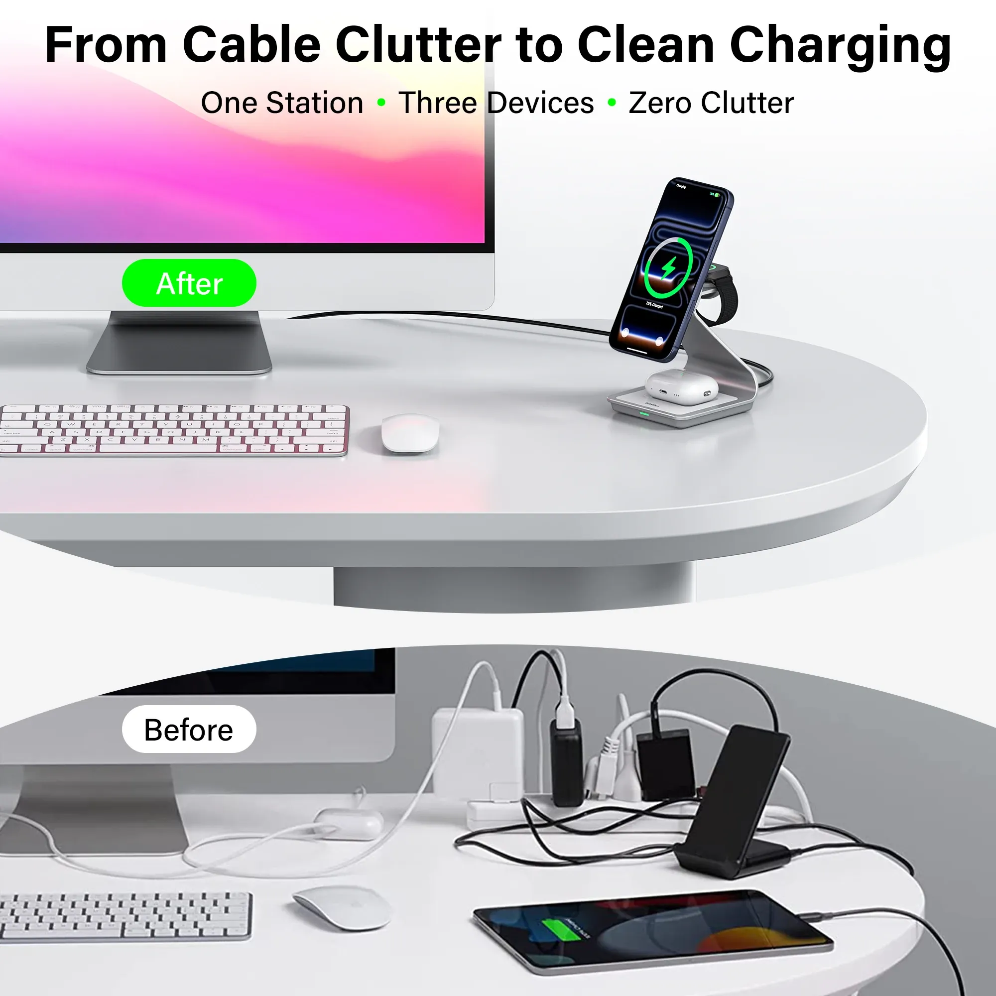 Bonola – Chargeur sans fil magnétique 3 en 1 pour iPhone 17/16/15/14/13/12, 30 W, station de charge sans fil pour Apple Watch et AirPods Pro 3