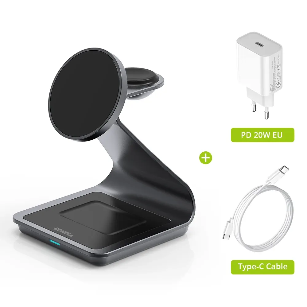 Bonola – Chargeur sans fil magnétique 3 en 1 pour iPhone 17/16/15/14/13/12, 30 W, station de charge sans fil pour Apple Watch et AirPods Pro 8