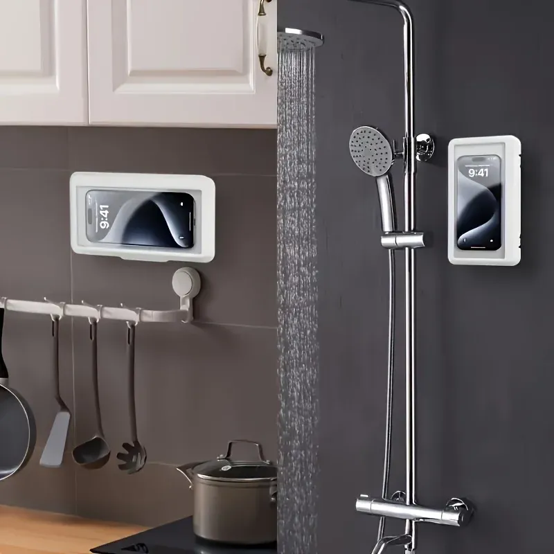 Support rotatif fixé sur un rideau de douche en plastique