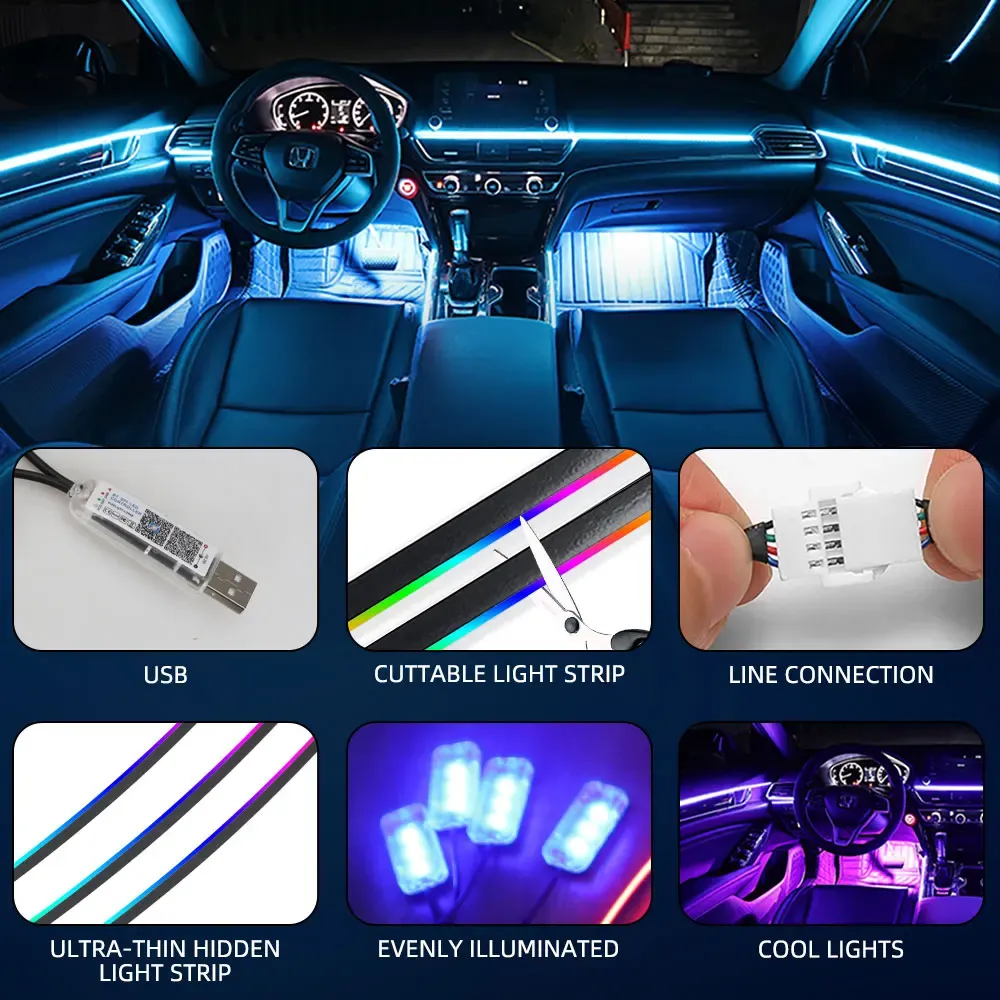 Bande lumineuse LED RGB en acrylique pour habitacle automobile 10 en 1, contrôlable par télécommande et application, éclairage d'ambiance décoratif 5