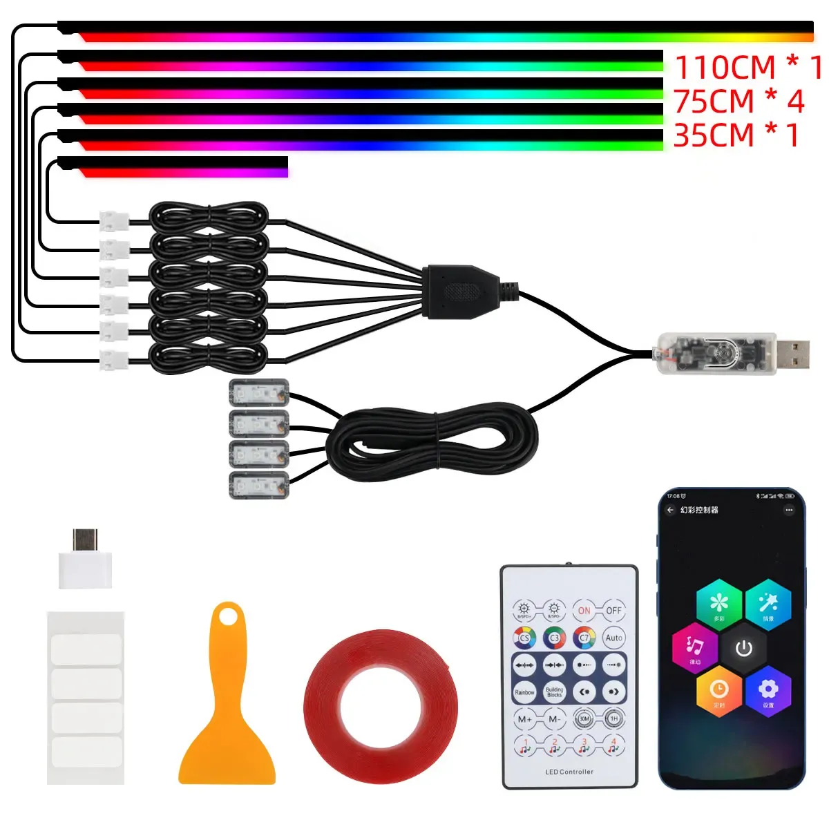 Bande lumineuse LED RGB en acrylique pour habitacle automobile 10 en 1, contrôlable par télécommande et application, éclairage d'ambiance décoratif 13