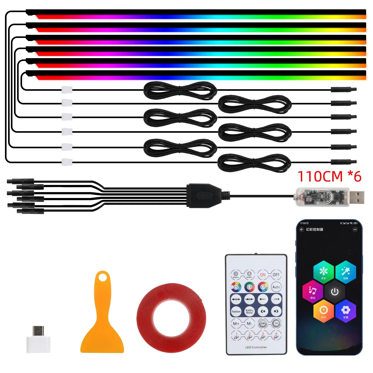 Bande lumineuse LED RGB en acrylique pour habitacle automobile 10 en 1, contrôlable par télécommande et application, éclairage d'ambiance décoratif 7