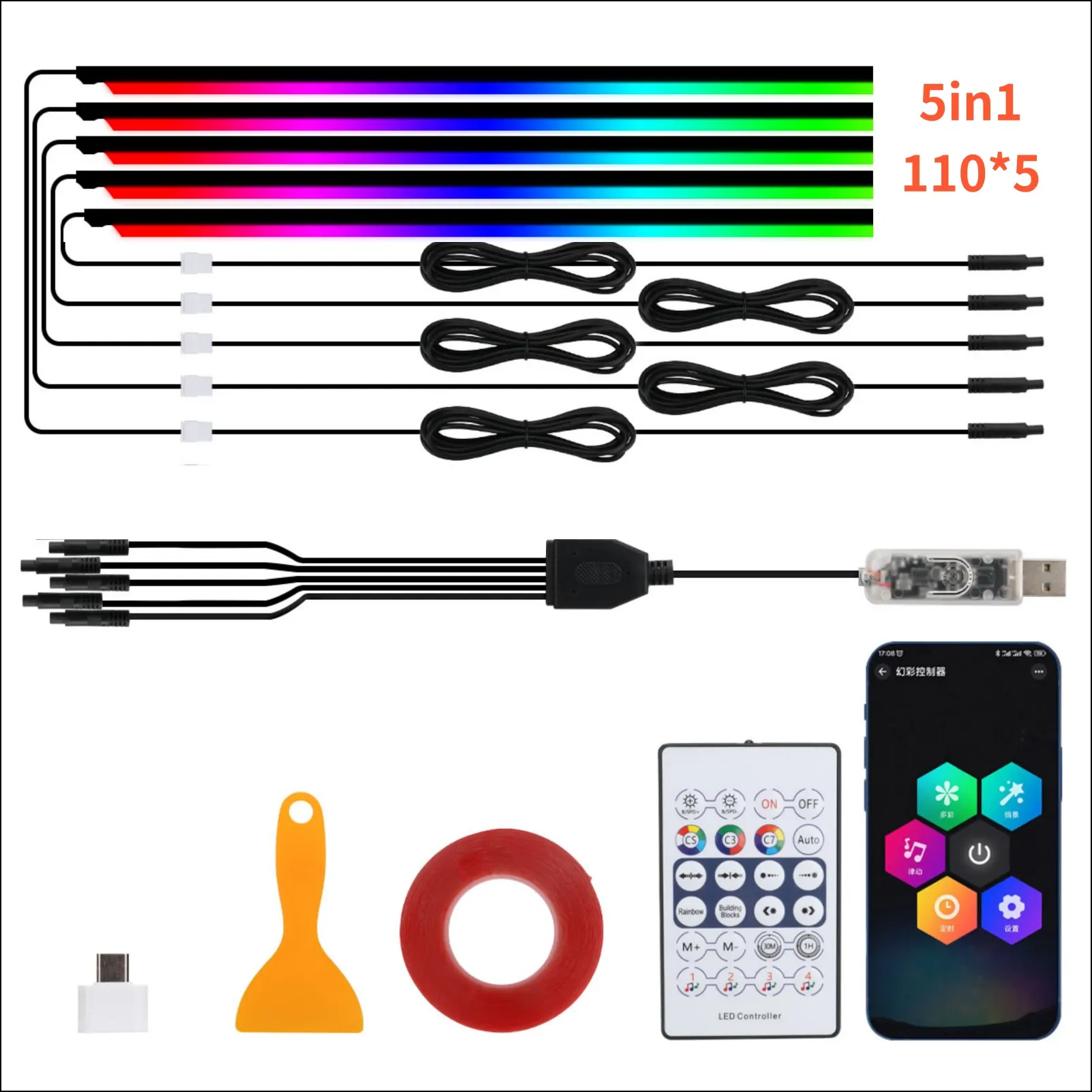 Bande lumineuse LED RGB en acrylique pour habitacle automobile 10 en 1, contrôlable par télécommande et application, éclairage d'ambiance décoratif 16
