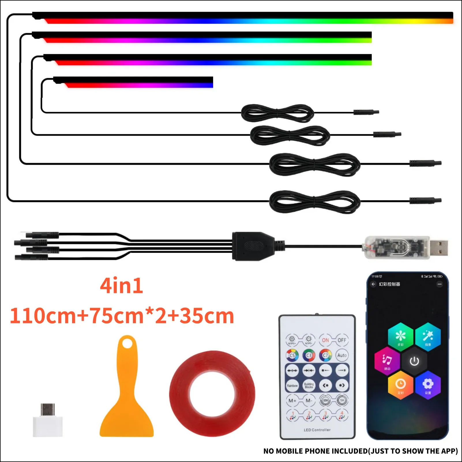 Bande lumineuse LED RGB en acrylique pour habitacle automobile 10 en 1, contrôlable par télécommande et application, éclairage d'ambiance décoratif 14