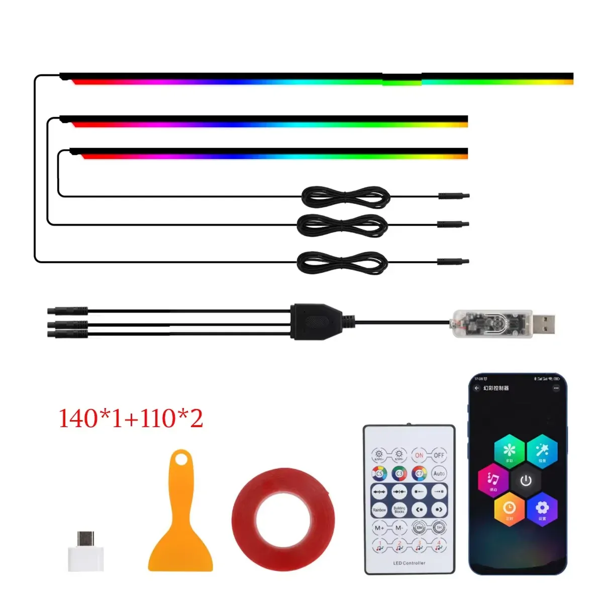 Bande lumineuse LED RGB en acrylique pour habitacle automobile 10 en 1, contrôlable par télécommande et application, éclairage d'ambiance décoratif 15