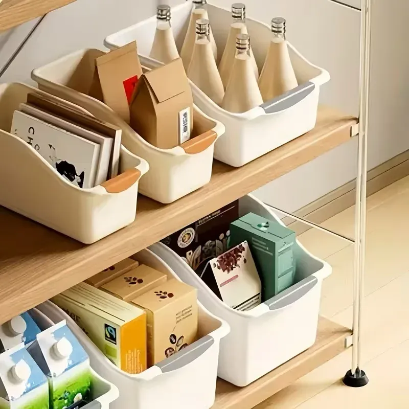 2 bacs de rangement incurvés en plastique robuste, blanc, organisateurs compacts pour sous l'évier, garde-manger et placard 3