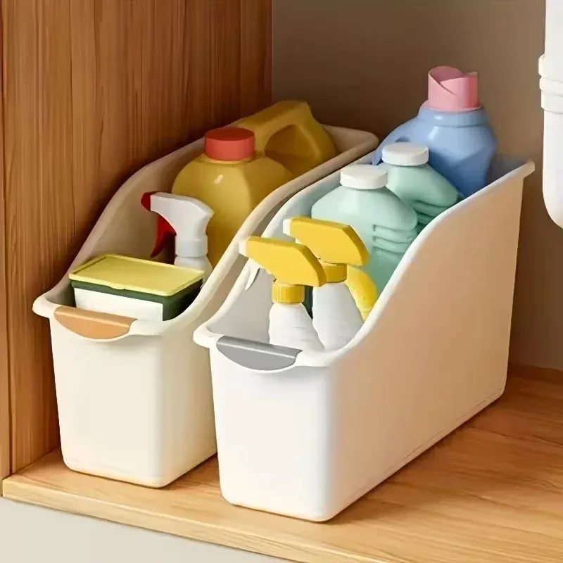 2 bacs de rangement incurvés en plastique robuste, blanc, organisateurs compacts pour sous l'évier, garde-manger et placard - Image 1