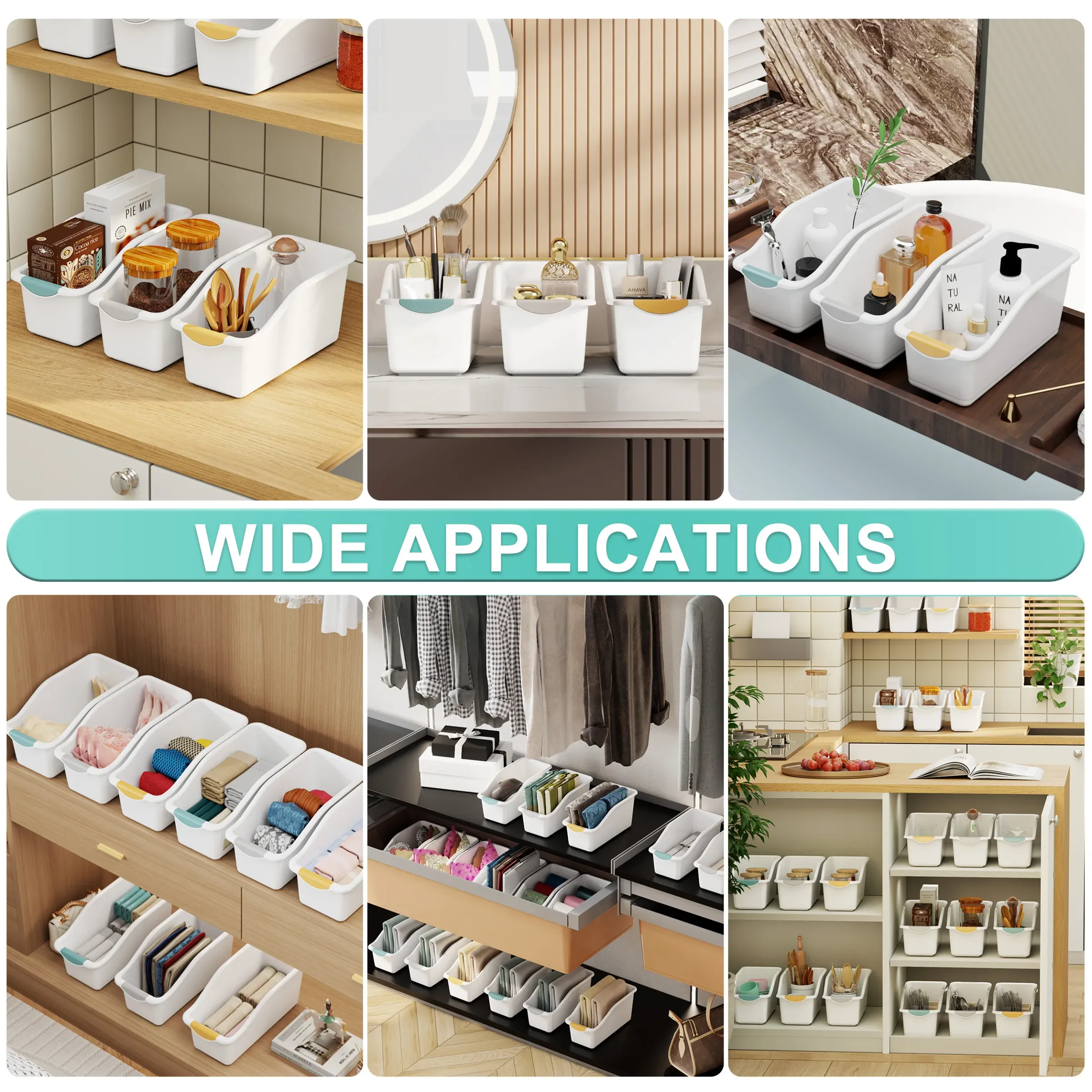 2 bacs de rangement incurvés en plastique robuste, blanc, organisateurs compacts pour sous l'évier, garde-manger et placard 6
