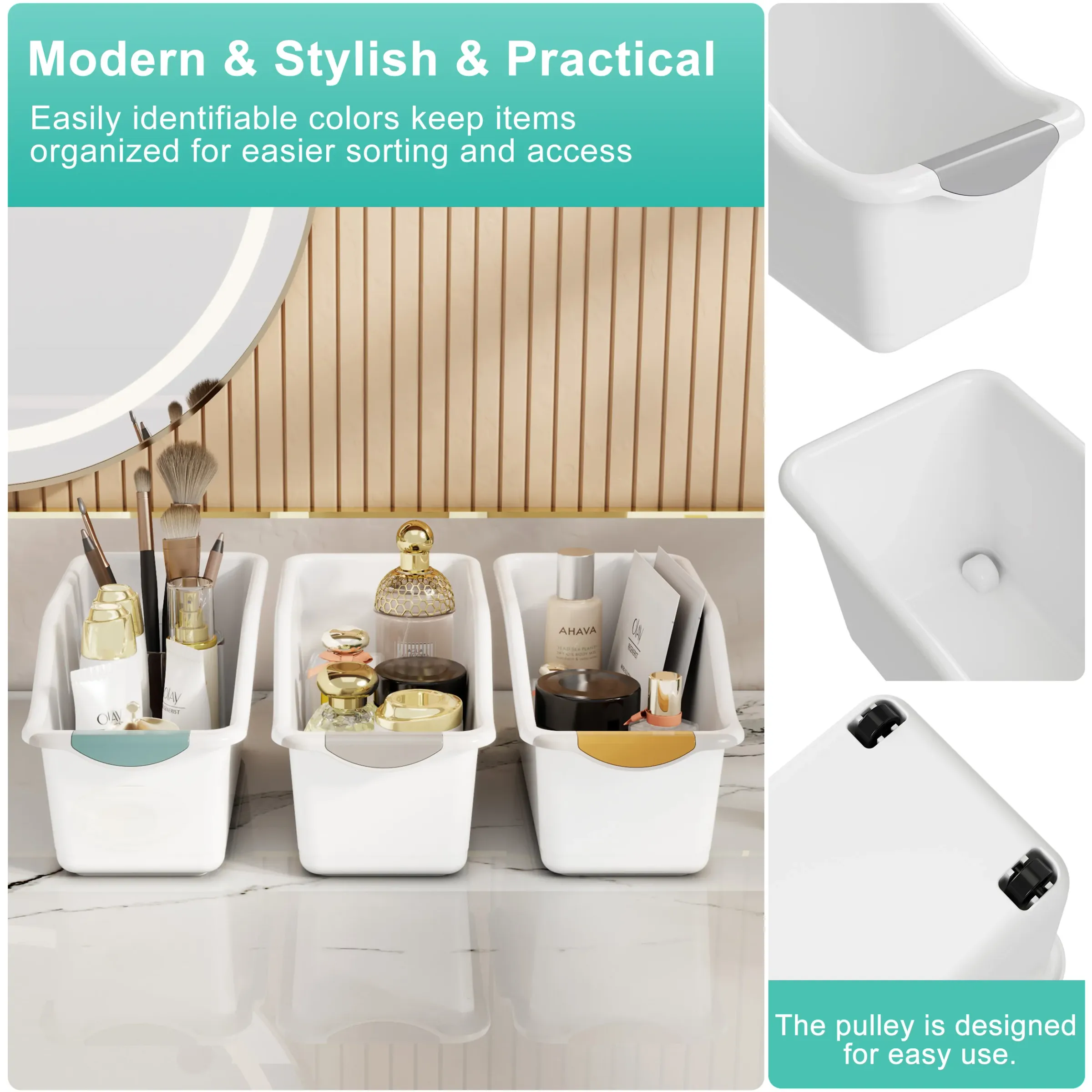 2 bacs de rangement incurvés en plastique robuste, blanc, organisateurs compacts pour sous l'évier, garde-manger et placard 5