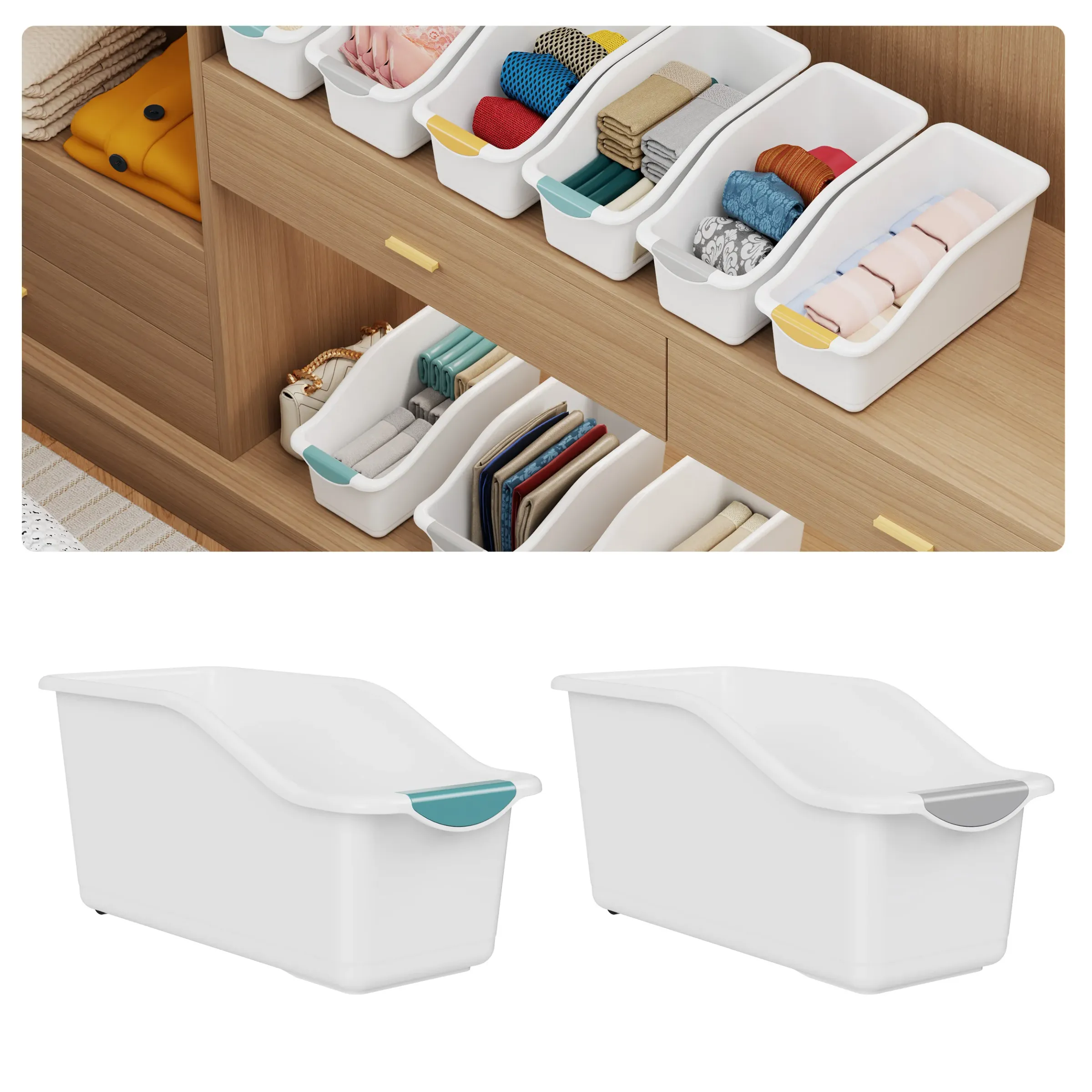 2 bacs de rangement incurvés en plastique robuste, blanc, organisateurs compacts pour sous l'évier, garde-manger et placard 7