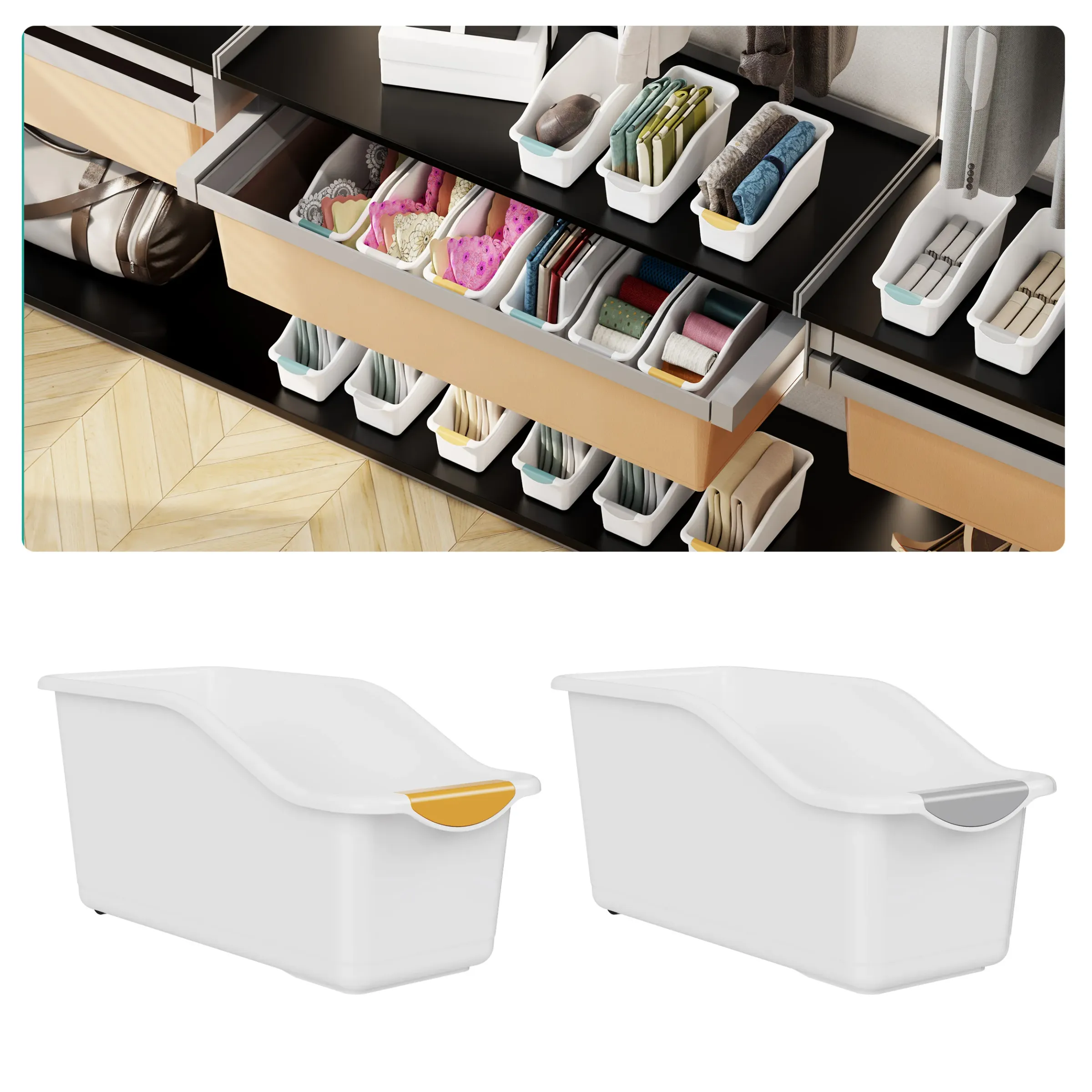 2 bacs de rangement incurvés en plastique robuste, blanc, organisateurs compacts pour sous l'évier, garde-manger et placard 8