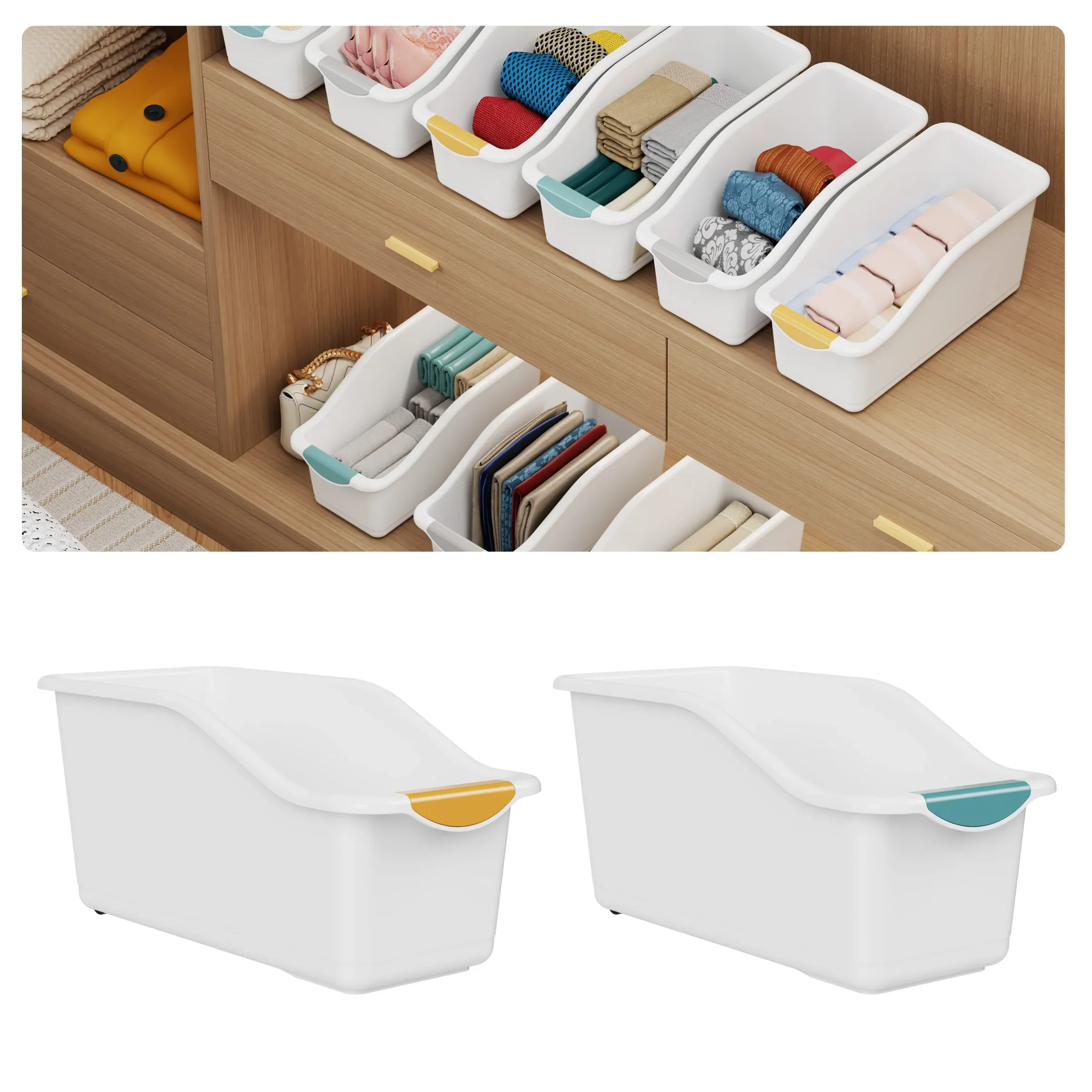2 bacs de rangement incurvés en plastique robuste, blanc, organisateurs compacts pour sous l'évier, garde-manger et placard 9