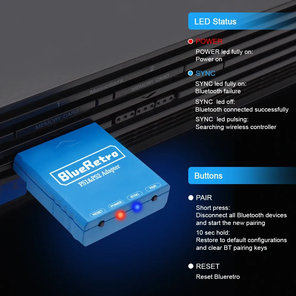 RetroScaler BlueRetro Adaptateur de manette de jeu sans fil pour PSX, PS1, PS2, Ipega 9076, PS4, PS5 et Nintendo Switch 5
