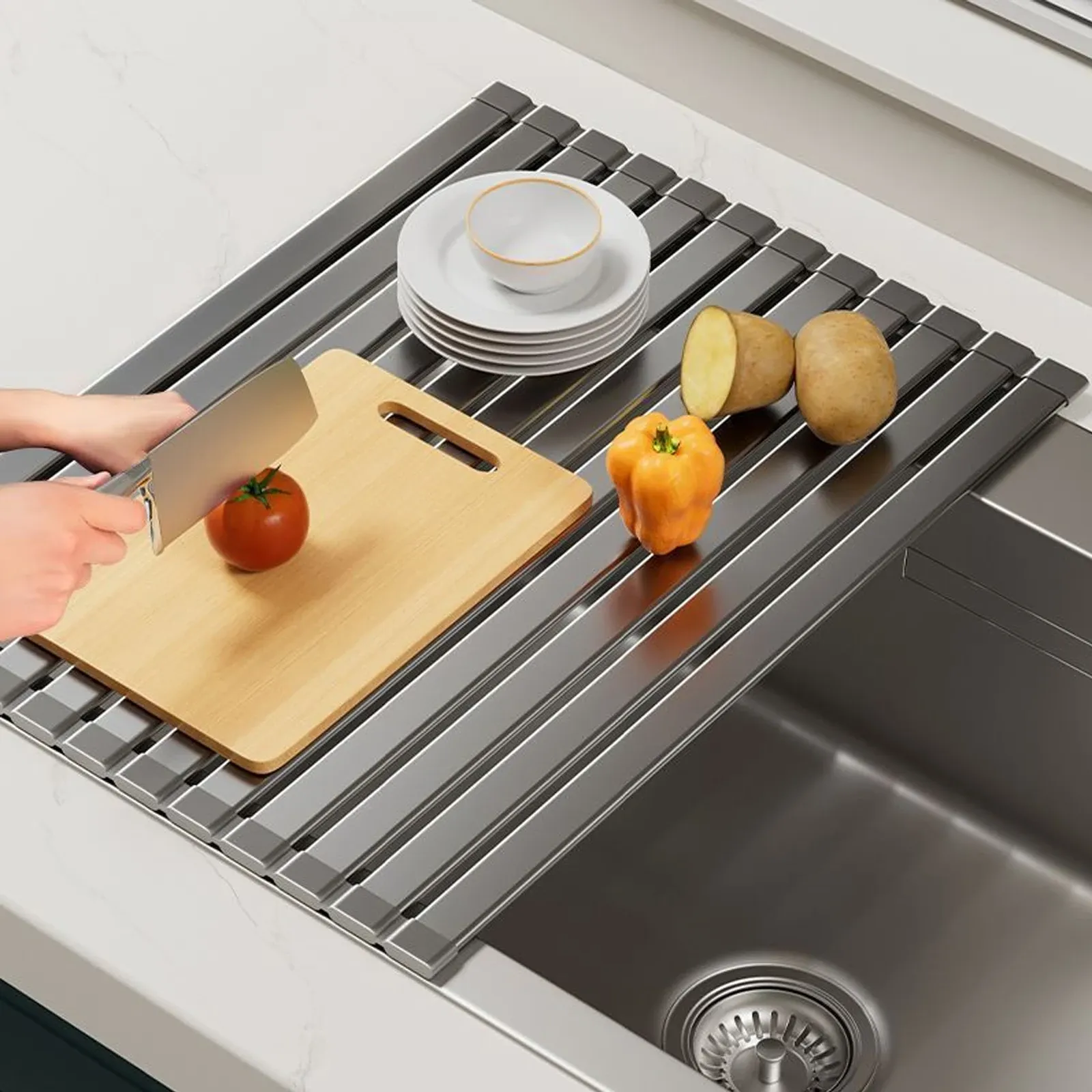 Égouttoir à vaisselle pliable et peu encombrant, robuste, réglable en hauteur, résistant à la chaleur et détachable, pour évier - Image 1