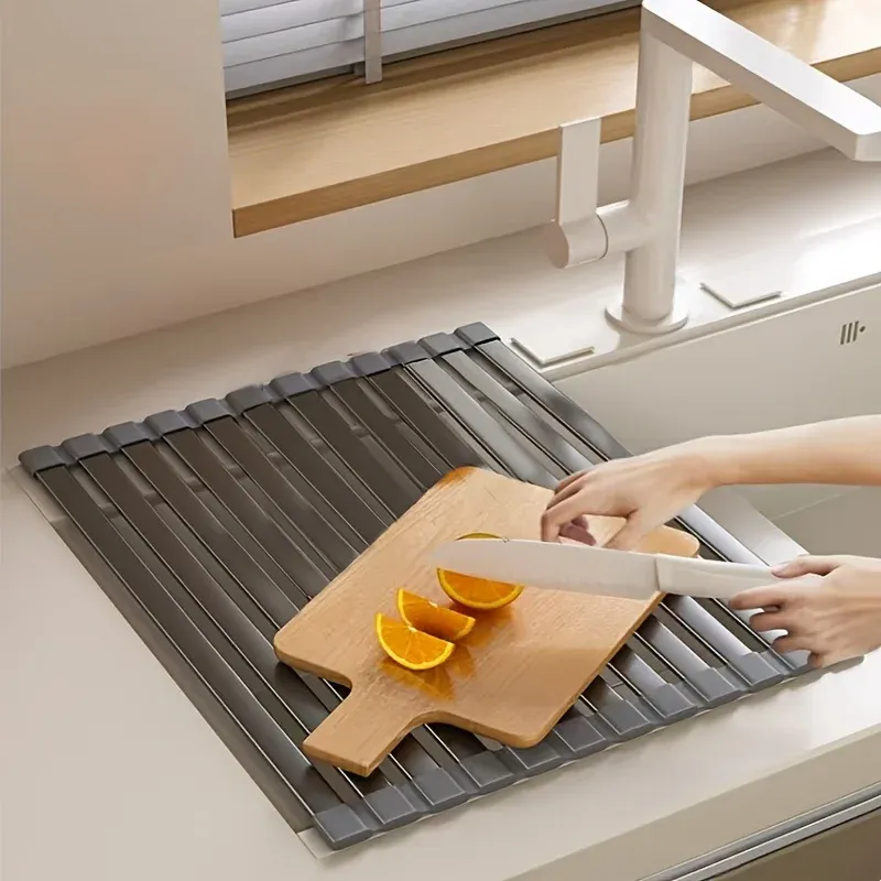 Égouttoir à vaisselle pliable et peu encombrant, robuste, réglable en hauteur, résistant à la chaleur et détachable, pour évier 2