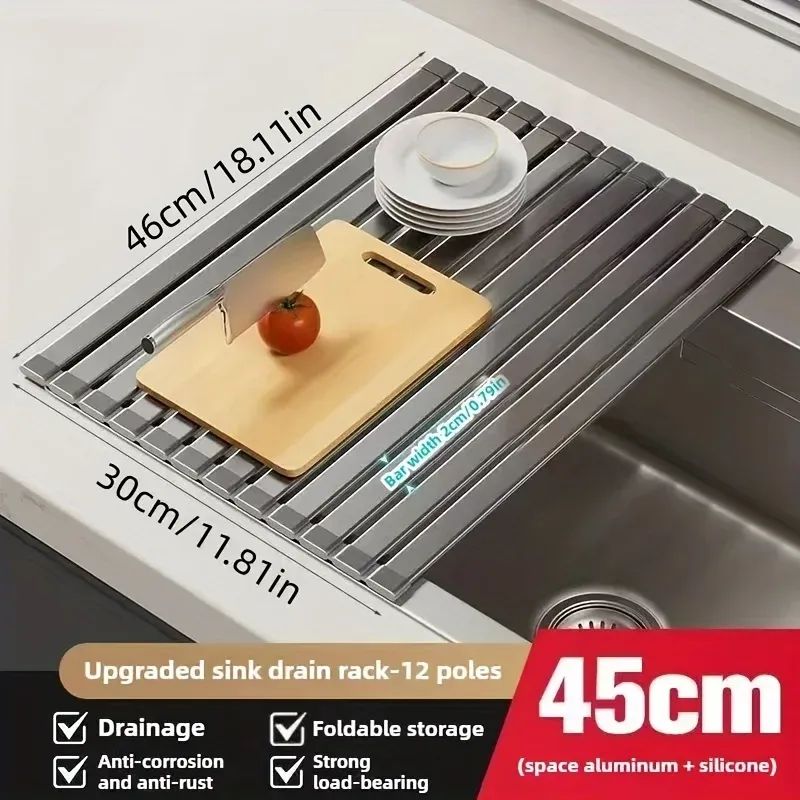 Égouttoir à vaisselle pliable et peu encombrant, robuste, réglable en hauteur, résistant à la chaleur et détachable, pour évier 7