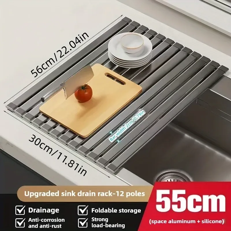 Égouttoir à vaisselle pliable et peu encombrant, robuste, réglable en hauteur, résistant à la chaleur et détachable, pour évier 10