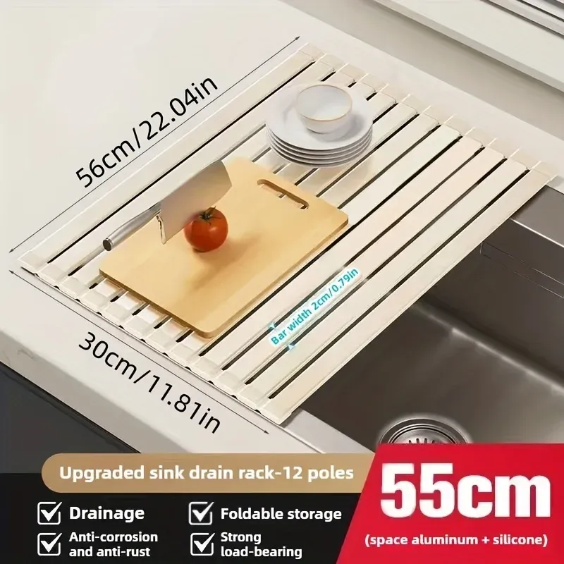 Égouttoir à vaisselle pliable et peu encombrant, robuste, réglable en hauteur, résistant à la chaleur et détachable, pour évier 8