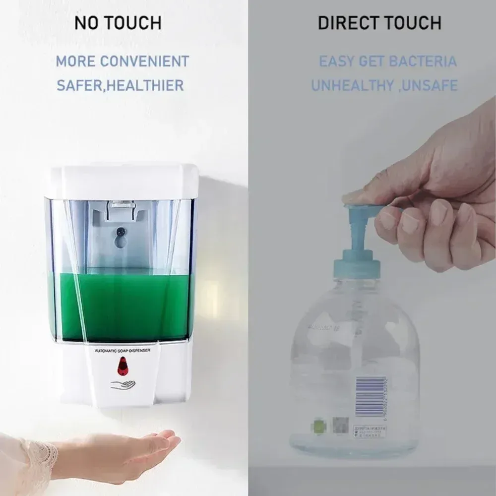 Distributeur automatique de savon sans contact 700 ml à capteur, fonctionnement sur piles, montage mural, pour salle de bain et cuisine 4