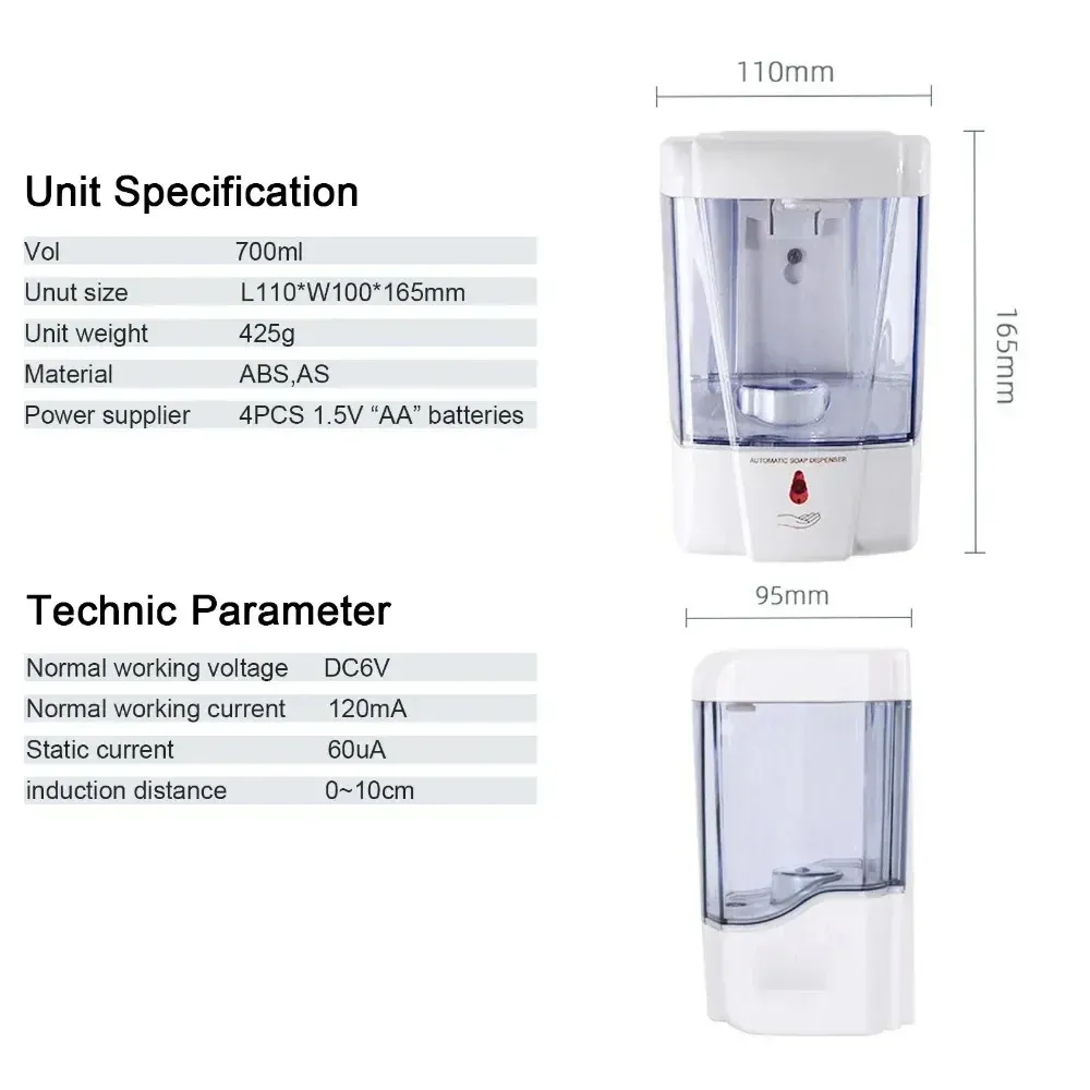 Distributeur automatique de savon sans contact 700 ml à capteur, fonctionnement sur piles, montage mural, pour salle de bain et cuisine 6