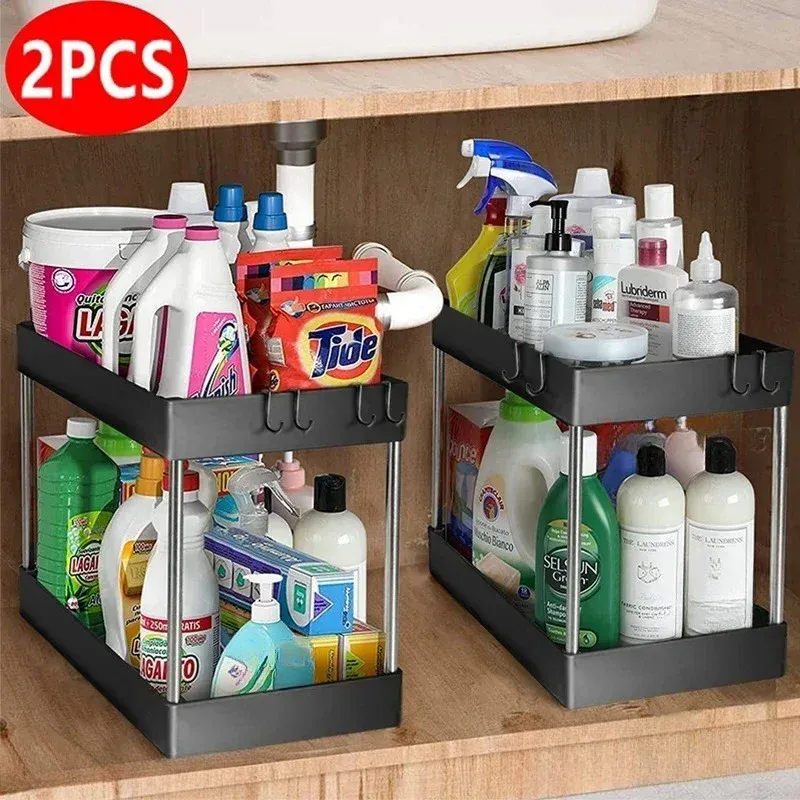 Organisateur sous évier à 2 niveaux, lot de 2 pièces, avec tiroir polyvalent et support de rangement pour salle de bain et cuisine 1