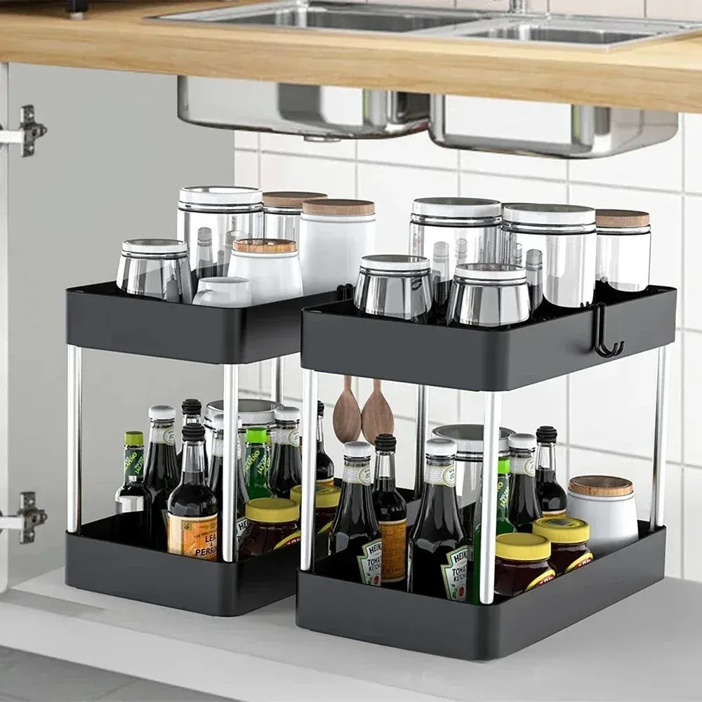 Organisateur sous évier à 2 niveaux, lot de 2 pièces, avec tiroir polyvalent et support de rangement pour salle de bain et cuisine 2