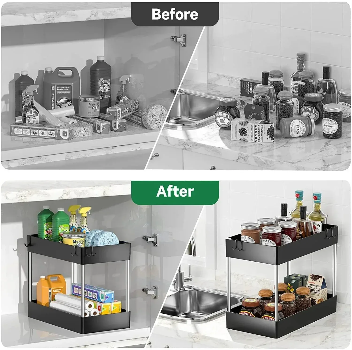 Organisateur sous évier à 2 niveaux, lot de 2 pièces, avec tiroir polyvalent et support de rangement pour salle de bain et cuisine 5