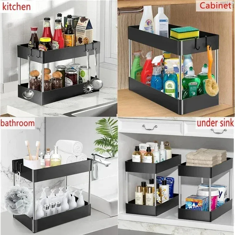 Organisateur sous évier à 2 niveaux, lot de 2 pièces, avec tiroir polyvalent et support de rangement pour salle de bain et cuisine 6