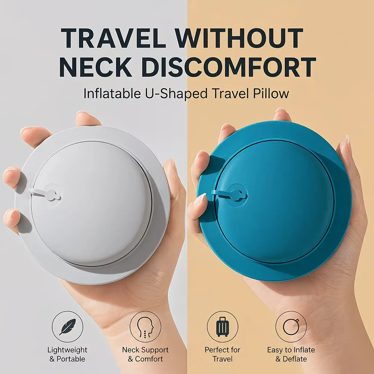 Oreiller de voyage gonflable en forme de U, oreiller de cou portable à rangement compact, lavable à la main