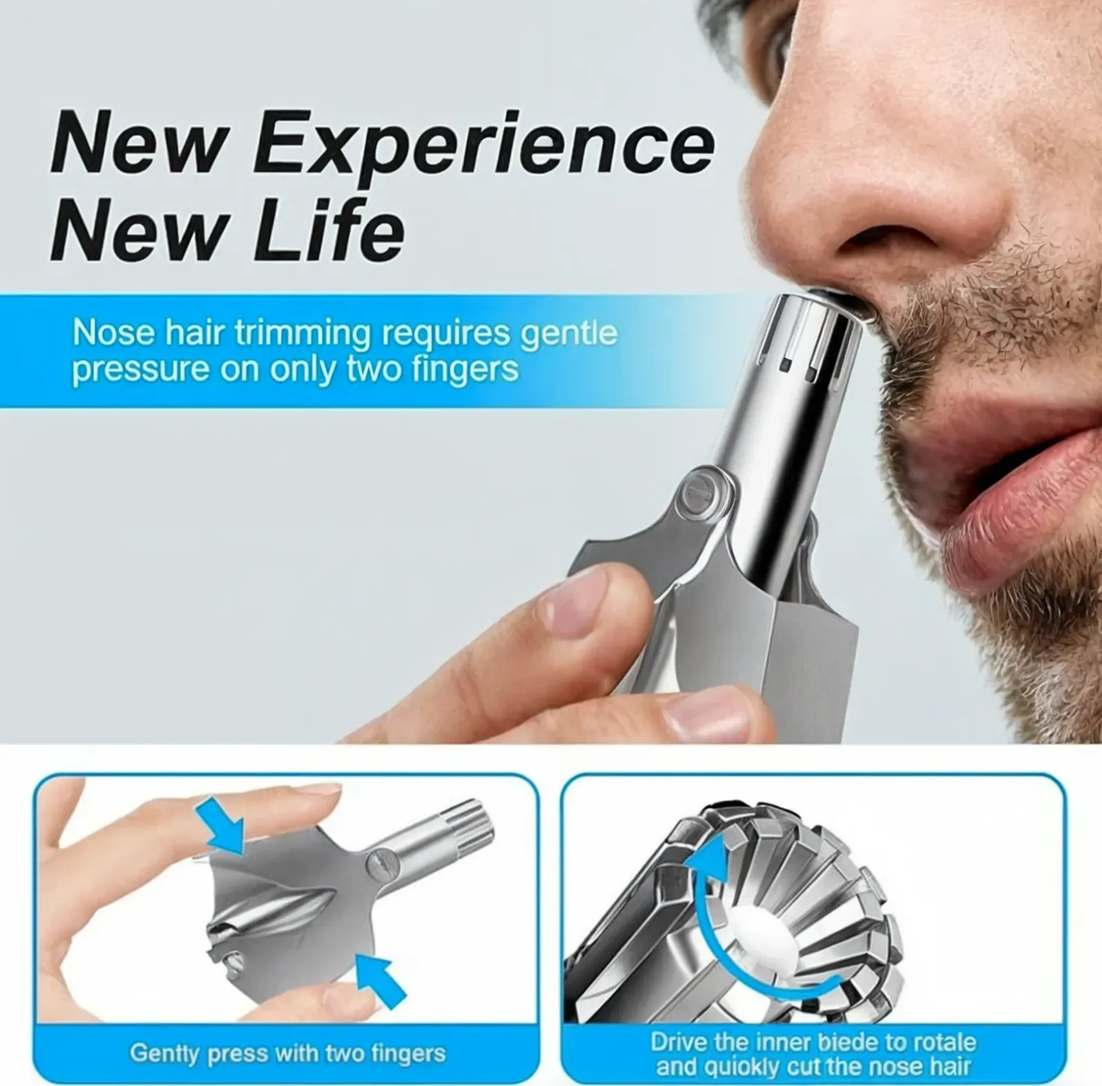 Tondeuse à poils de nez manuelle en acier inoxydable, vue d'ensemble