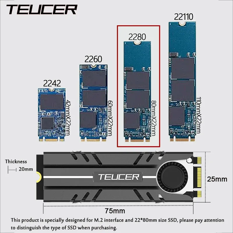 TEUCER Dissipateur thermique M.2 NVMe 2280 avec ventilateur actif et coussin thermique 2