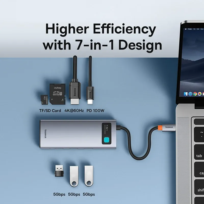 Hub USB-C 7-en-1 Isabel, 2 x USB-C, 4K @ 60Hz, HDMI, 3 x USB 3.0, PD 100W, Port USB-C, Lecteur de cartes SD/TF, compatible MacBook, iPad M2, Dallas Steam Deck 2